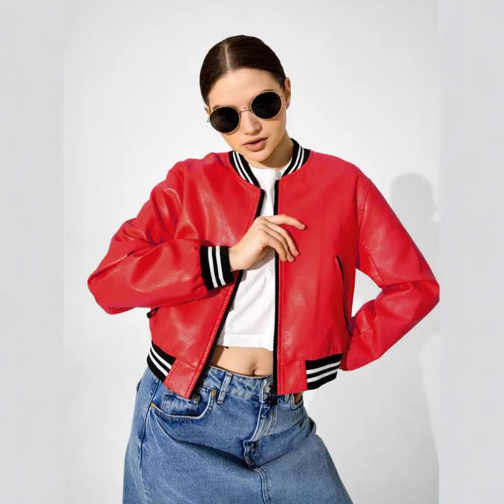 Damen modische Kunstleder-Bomberjacke mit elastischen Bündchen und Taschen Drune
