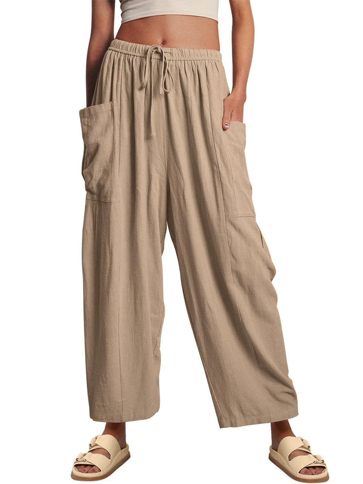 Damen weite Leinenhose mit elastischem Bund und großen Taschen Drune