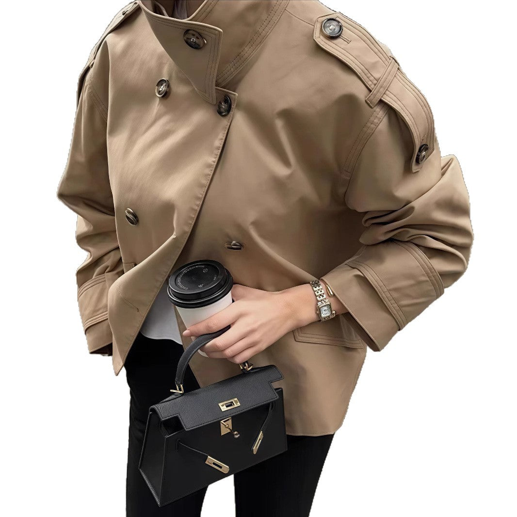 Damen modische Doppelreiher-Jacke mit hohem Kragen und strukturiertem Design Drune