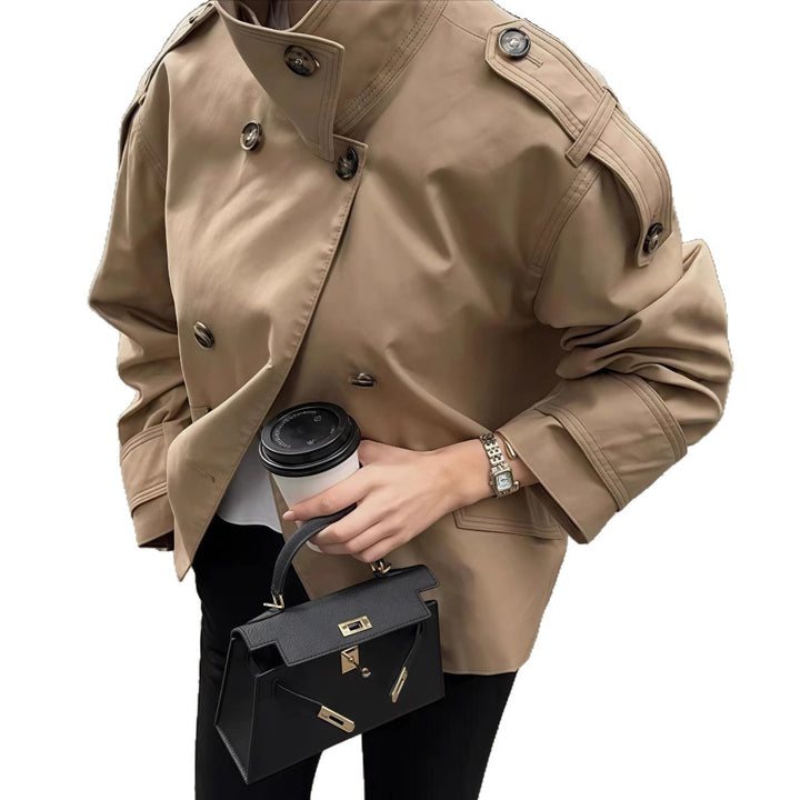 Damen modische Doppelreiher-Jacke mit hohem Kragen und strukturiertem Design Drune