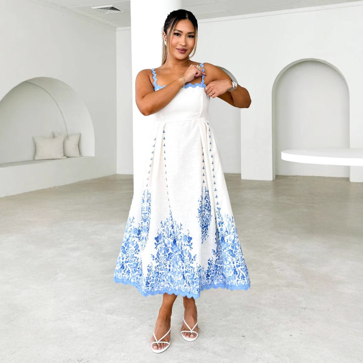Damen Sommermaxikleid mit floralem Design und Volantabschluss Drune