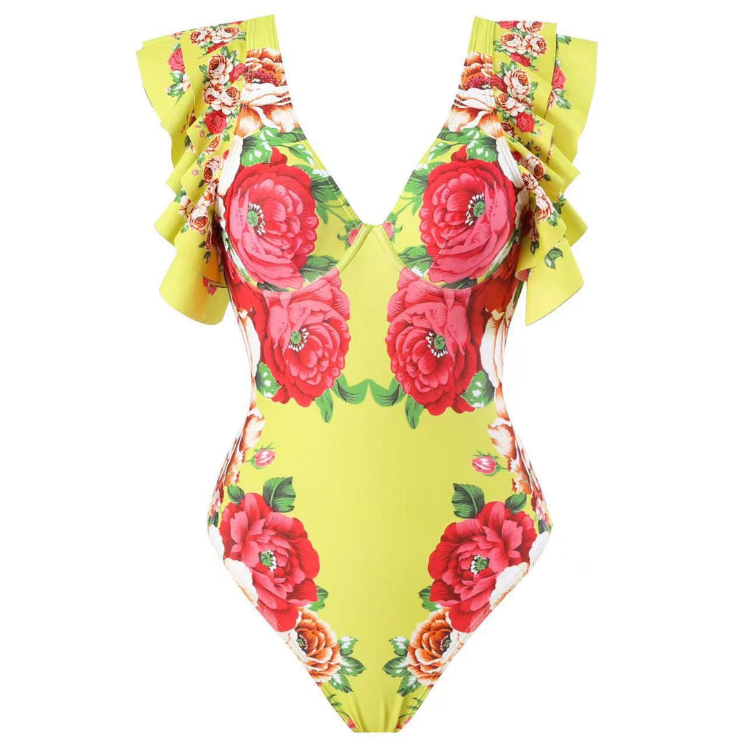 Damen Badeanzug-Set mit voluminösem Rüschendesign und floralem Wickelrock Drune