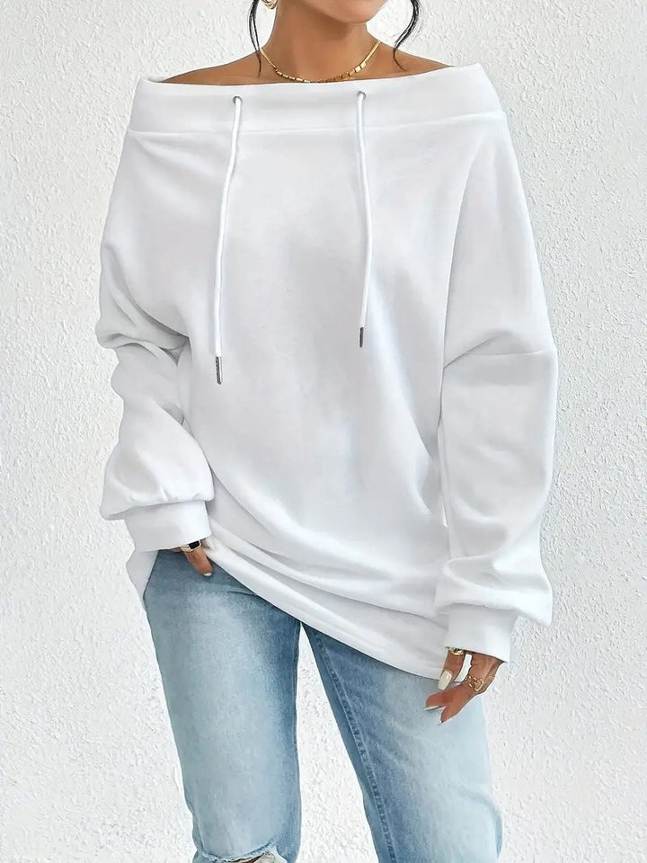 Damen lässiger Oversized-Pullover mit offenem Kragen und praktischen Kordelzügen Drune
