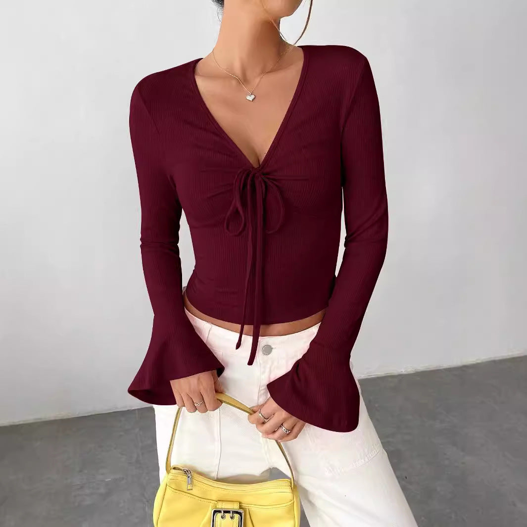 Damen Langarmshirt mit Krawatte und weiten Ärmeln Drune
