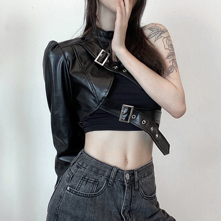 Damenmode-Oberteil aus Kunstleder mit asymmetrischem Design Drune