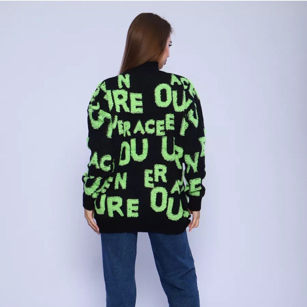 Damen Oversized Pullover mit grafischem Schriftzug und hohem Kragen Drune
