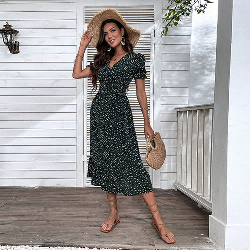 Damen Polka-Dot Sommerkleid mit Rüschendetails und figurbetonter Passform Drune