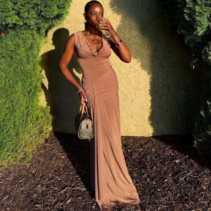 Damen Maxikleid mit eleganter Drapierung und schickem V-Ausschnitt Drune