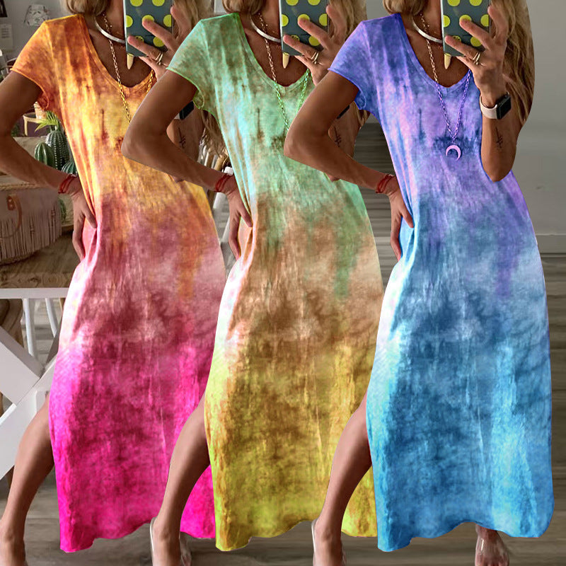 Damen Langarm-Maxikleid mit modernem Tie-Dye-Muster und V-Ausschnitt Drune