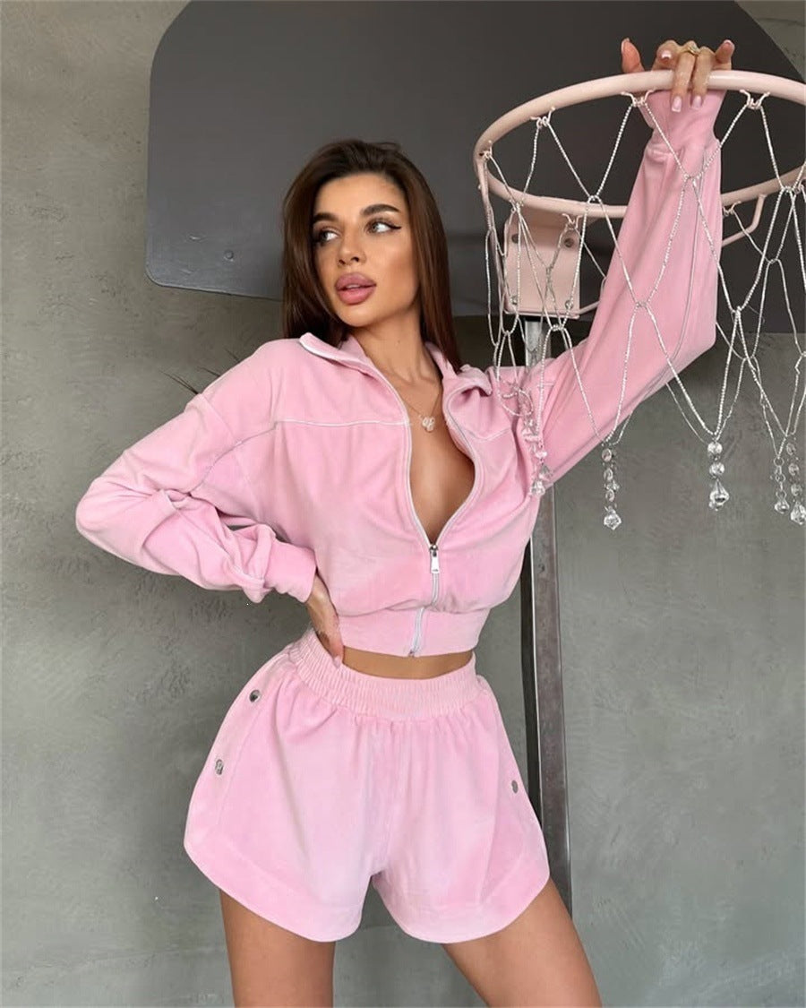 Damen nan kurzes Velours-Lounge-Set mit Cropped Zip-Hoodie und elastischer Highwaist-Shorts Drune