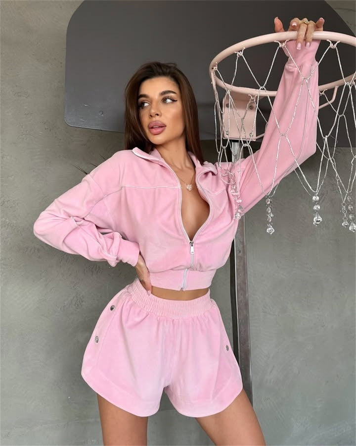 Damen nan kurzes Velours-Lounge-Set mit Cropped Zip-Hoodie und elastischer Highwaist-Shorts Drune