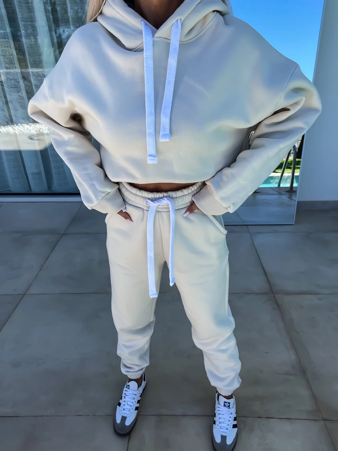 Damen bequemer Cropped Hoodie mit elastischem Bund und lässiger Jogginghose Set Drune
