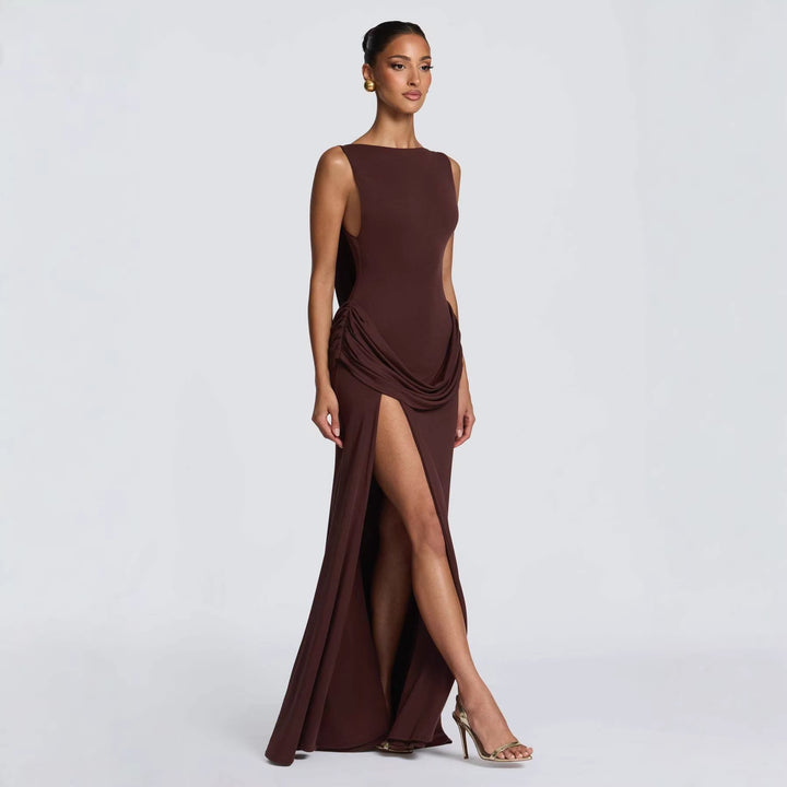 Damen Elegantes Maxikleid mit raffinierter Drapierung und hoch schlitzendem Design Drune