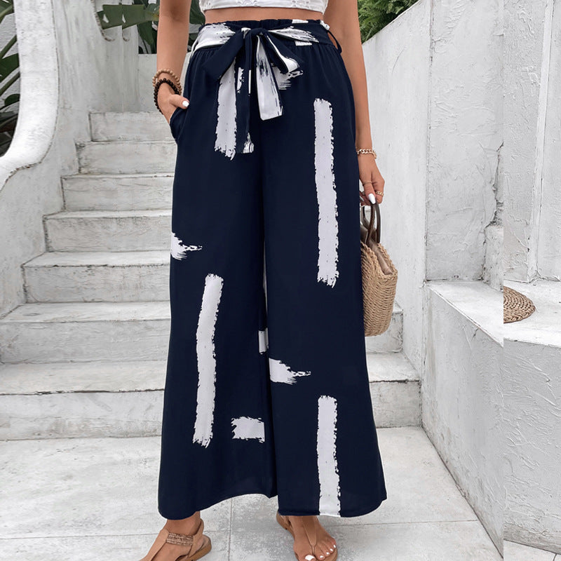 Damen Weite Palazzo-Hose mit modischem Bindegürtel und grafischem Muster Drune