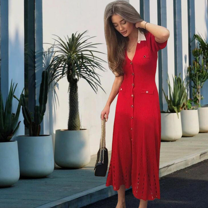 Damen Midi-Kleid mit Knopfleiste und kontrastierendem Kragen Drune