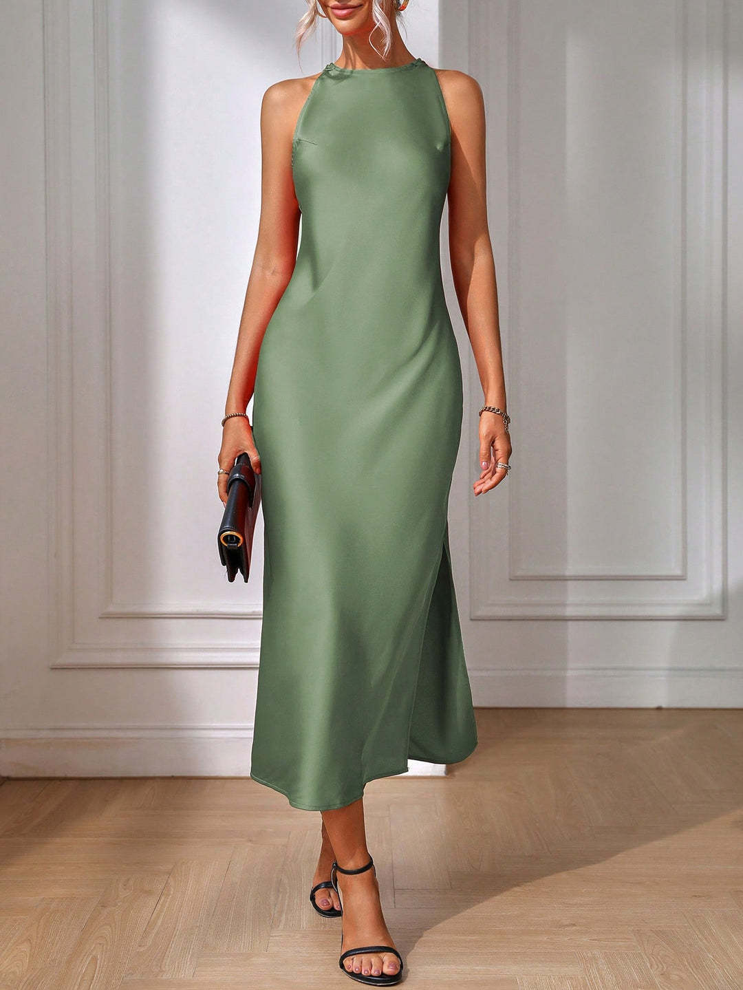 Damen Elegantes Maxikleid mit tiefem Schlitz und feinem Satinfinish Drune