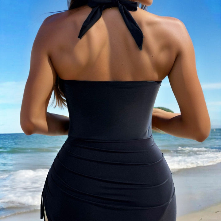 Damen Eleganter Badeanzug mit Wickeldesign und goldenen Akzenten Drune