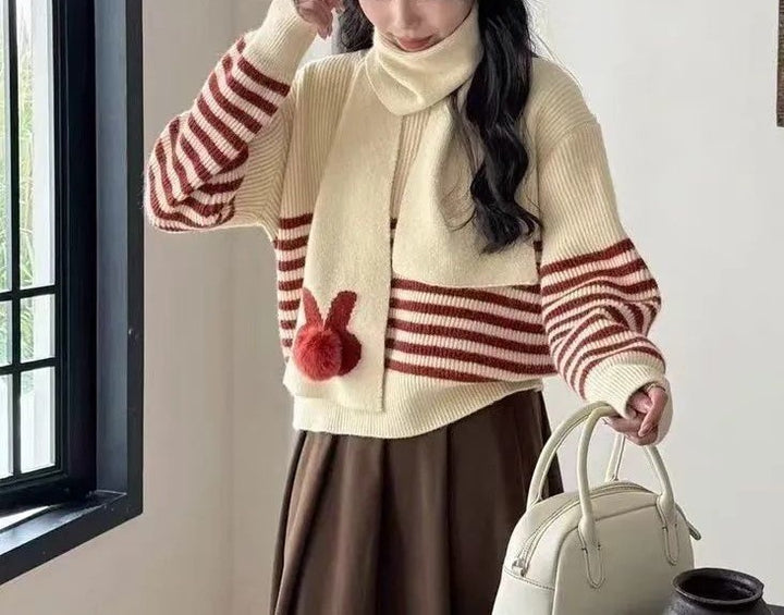 Damen gemütlicher Strickpullover mit hohem Kragen und auffälligen Streifen Drune