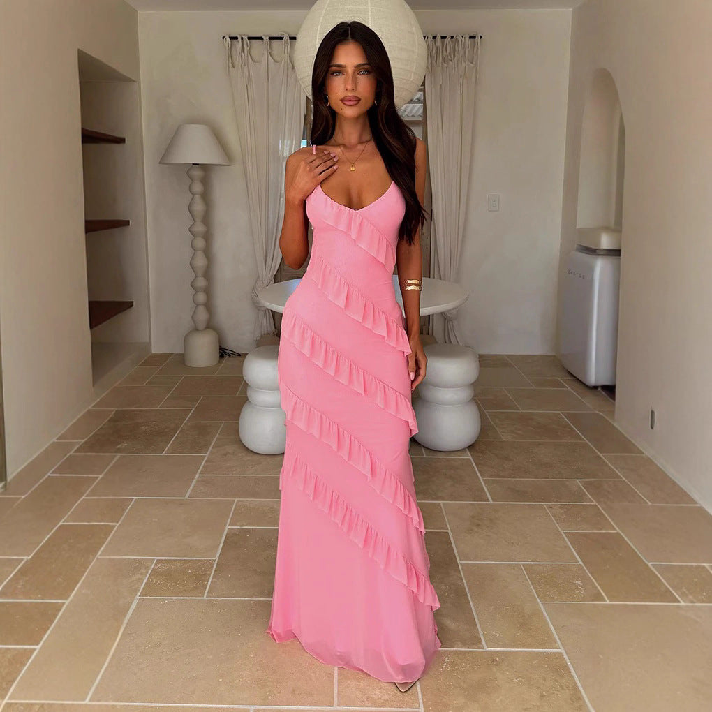 Damen Maxikleid mit Rüschendesign und Spaghettiträgern Drune