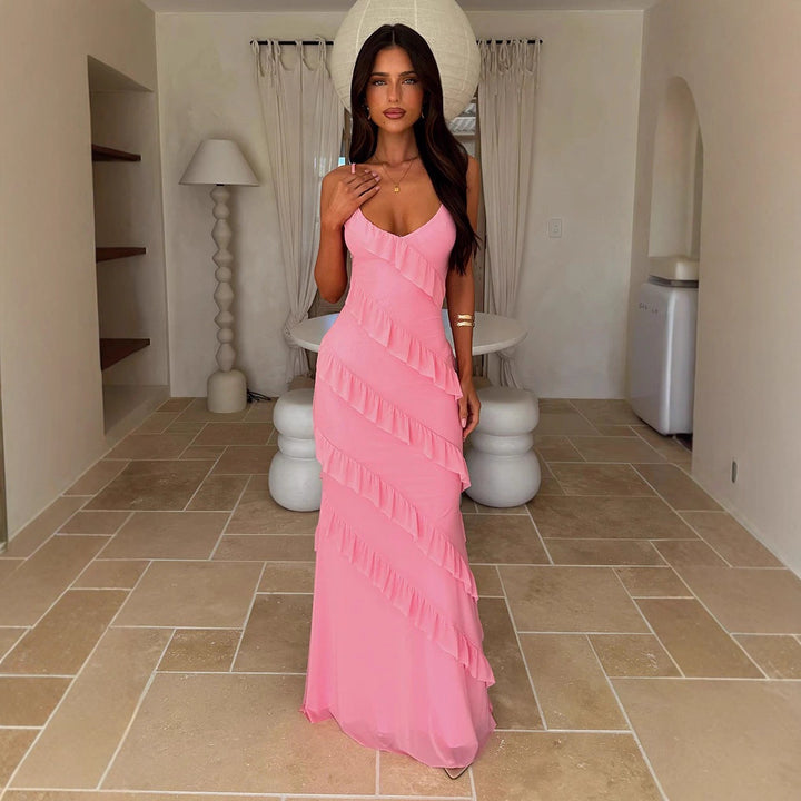 Damen Maxikleid mit Rüschendesign und Spaghettiträgern Drune