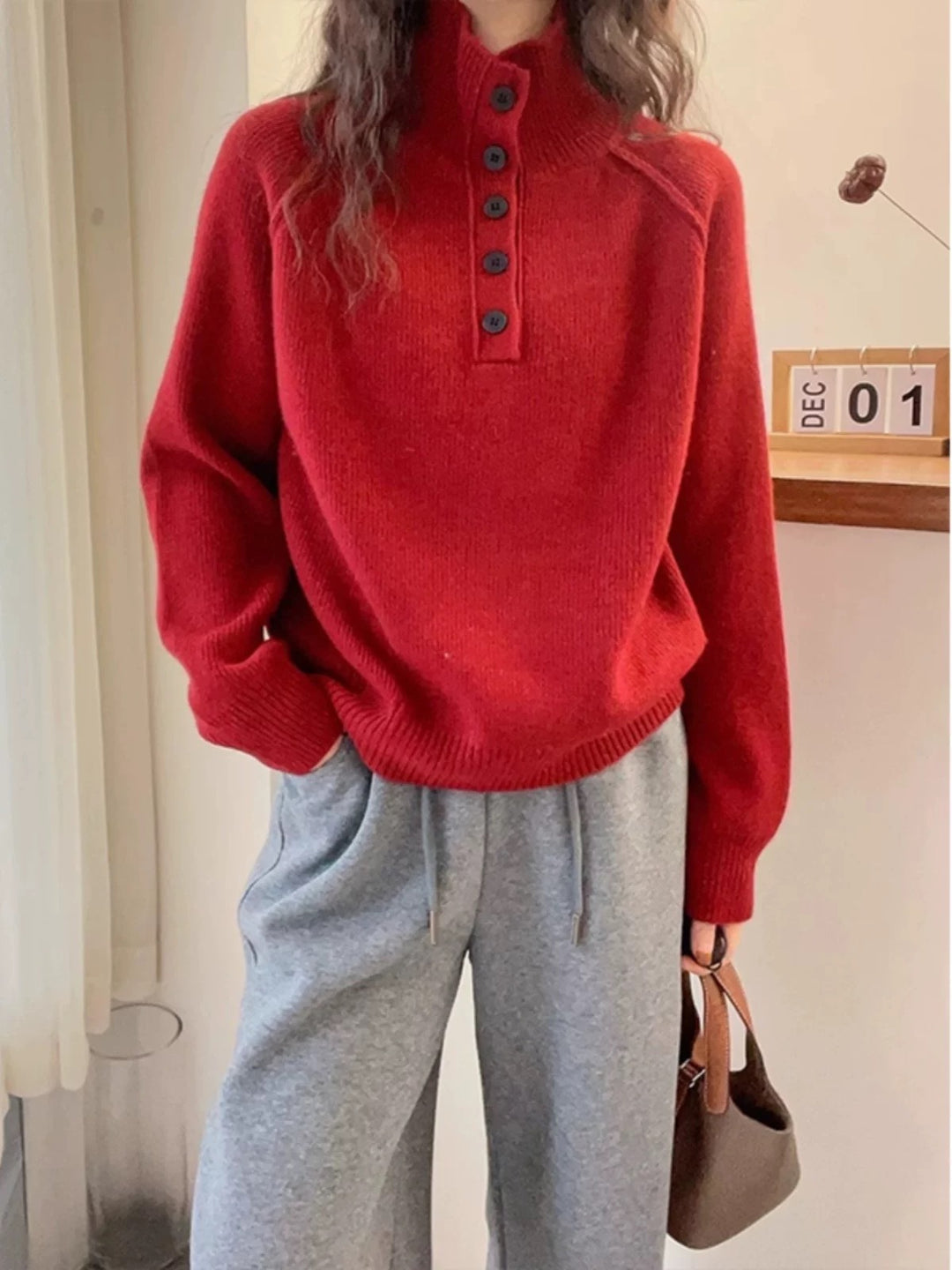 Damen Komfortabler Strickpullover mit Knopfleiste Drune
