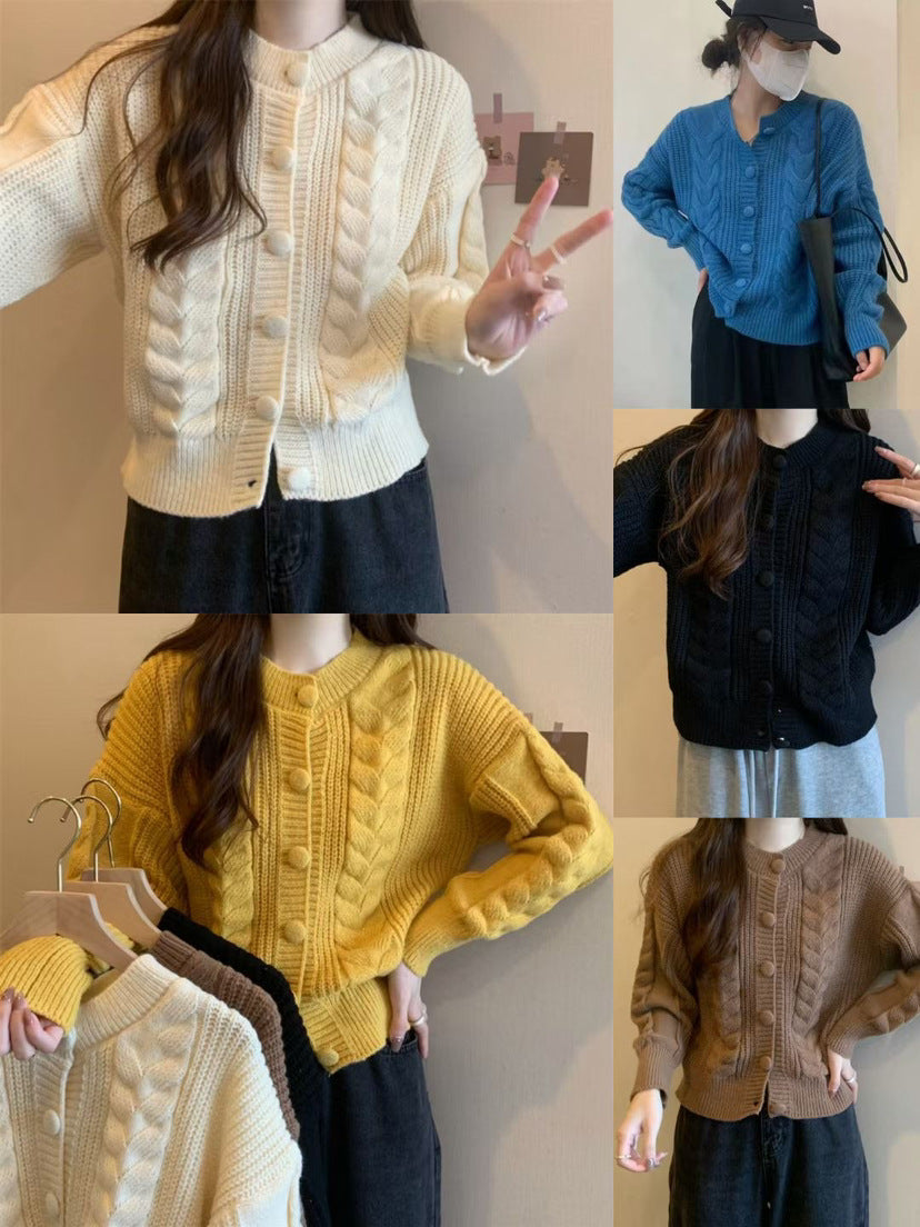 Damen gemütlicher Strickcardigan mit geflochtenem Muster und großen Knöpfen Drune