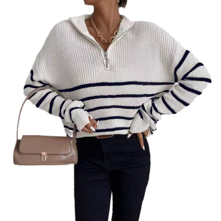 Damen Grob gestrickter Pullover mit Reißverschluss und breitem Streifenmuster Drune