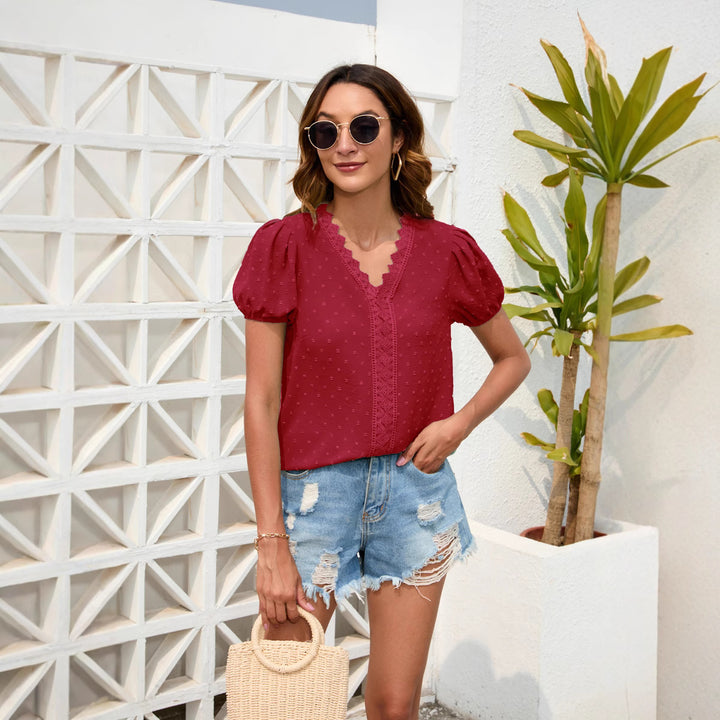 Damen Blusenshirt mit apartem Häkelkragen und modischen Puffärmeln Drune