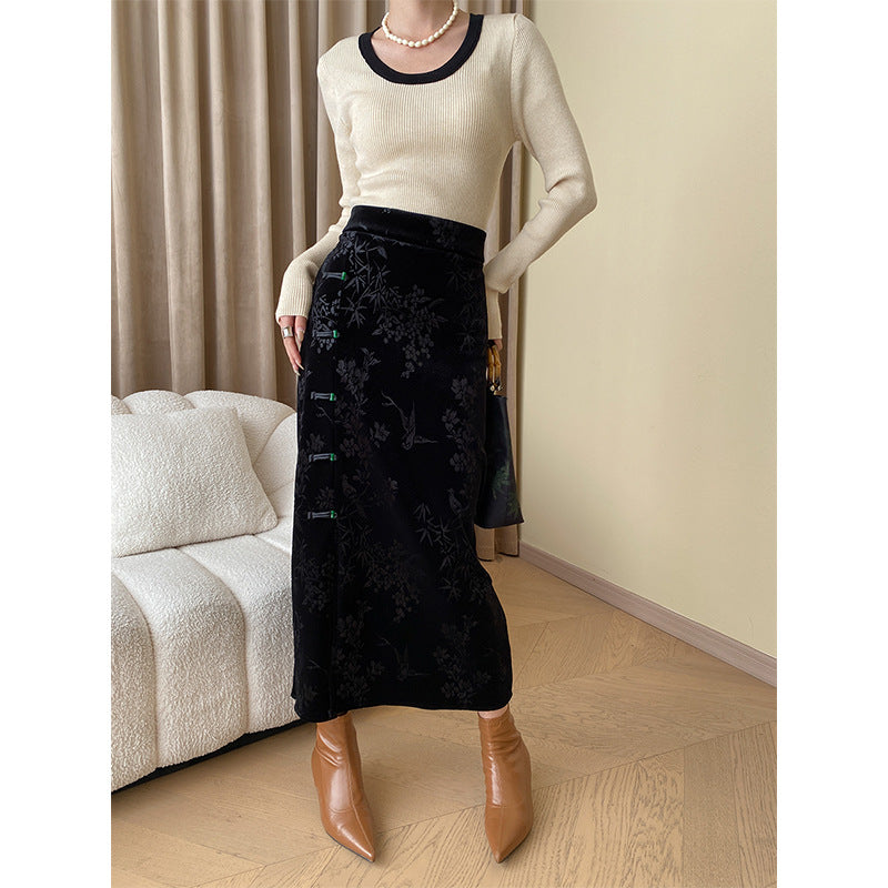 Damen Maxikleid mit floralem Samt-Design und elegantem Schlitz Drune