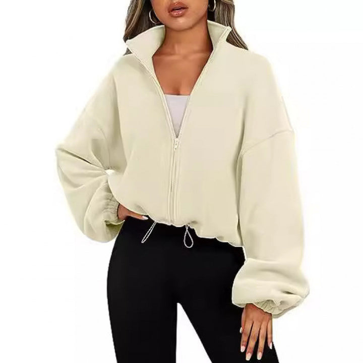 Damen trendy Oversize-Zip-Pullover mit hohem Kragen und Kordelzug Drune