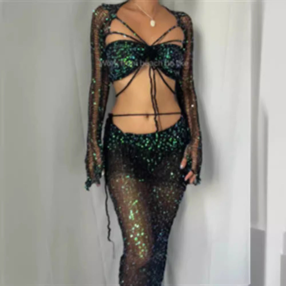 Damen Funkelnde Netzhose mit glitzernden Pailletten und elegantem Design Drune