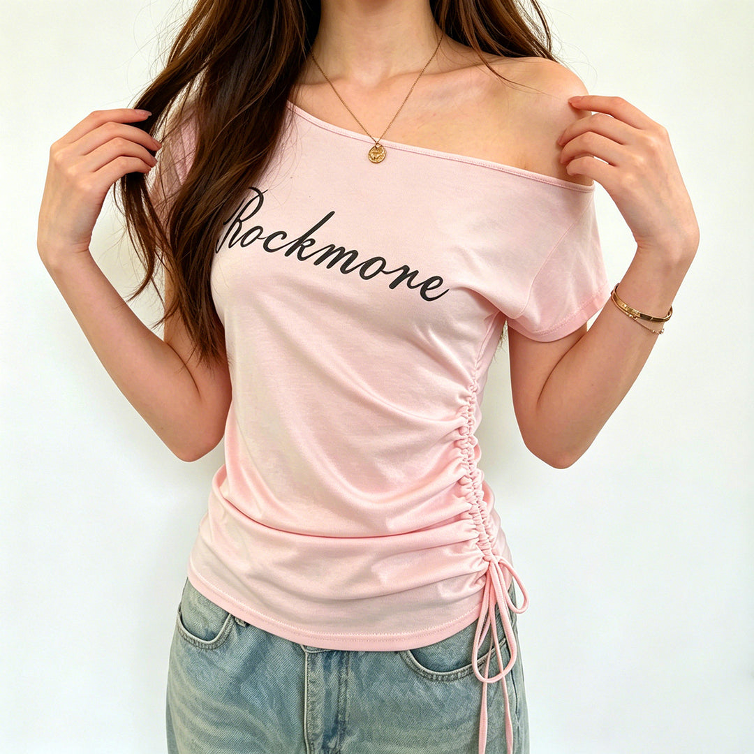 Damen Off-Shoulder T-Shirt mit Raffungen und modischem Schriftzug Drune
