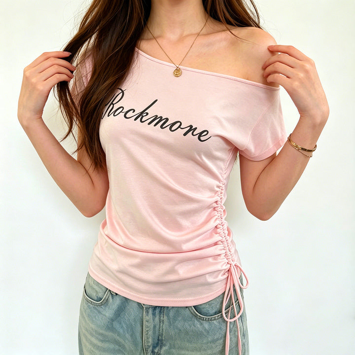 Damen Off-Shoulder T-Shirt mit Raffungen und modischem Schriftzug Drune