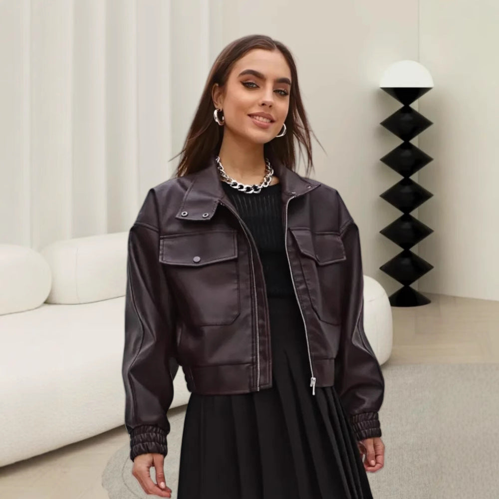 Damen Trendige oversized Lederjacke mit praktischen Taschen Drune