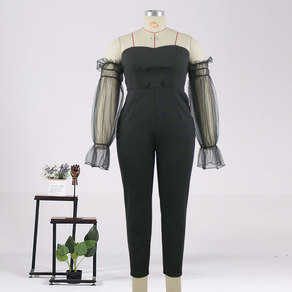 Damen Elegantes Jumpsuit mit transparenten Puffärmeln Drune