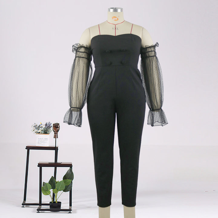 Damen eleganter Jumpsuit mit transparenten Puffärmeln Drune