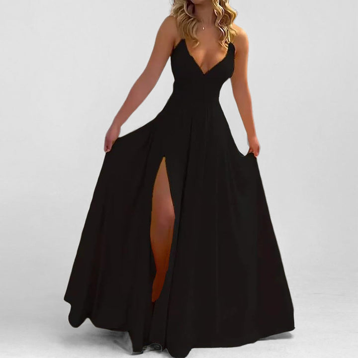 Damen Maxikleid mit tiefem V-Ausschnitt und figurbetontem Oberteil Drune