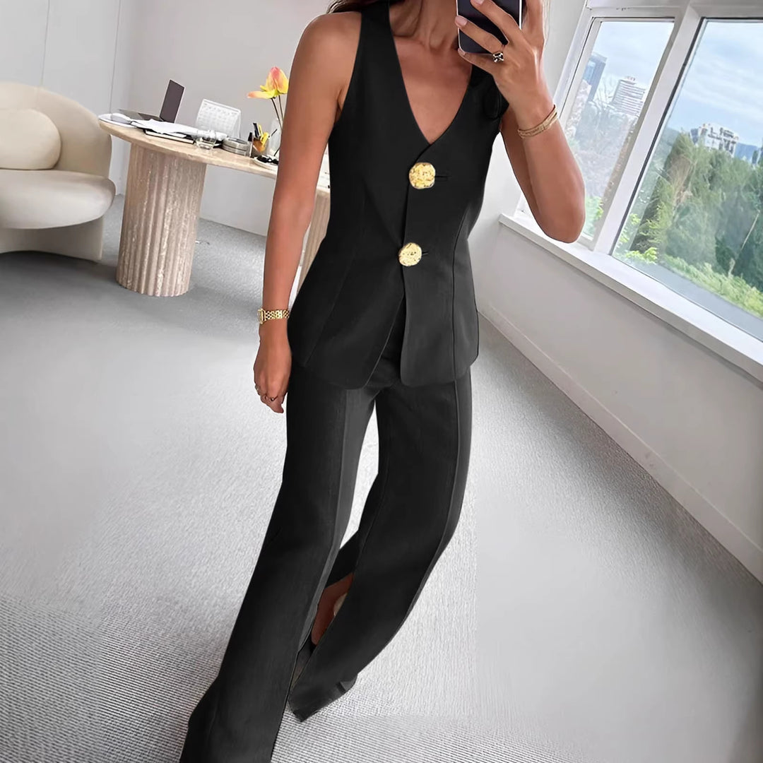 Damen elegantes Jumpsuit mit vordere Knopfleiste und weitem Bein Drune