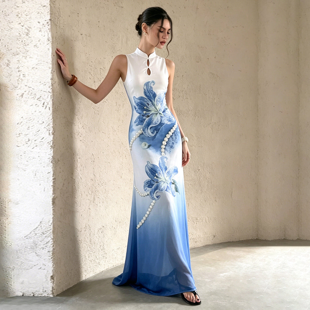 Damen Maxikleid mit floralem Design und elegantem Kragen Drune
