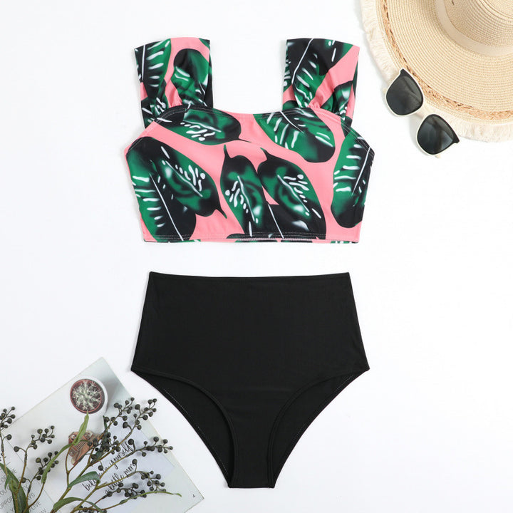 Damen Hochgeschnittener Bikini mit modischem Streifenmuster und floralem Unterteil Drune