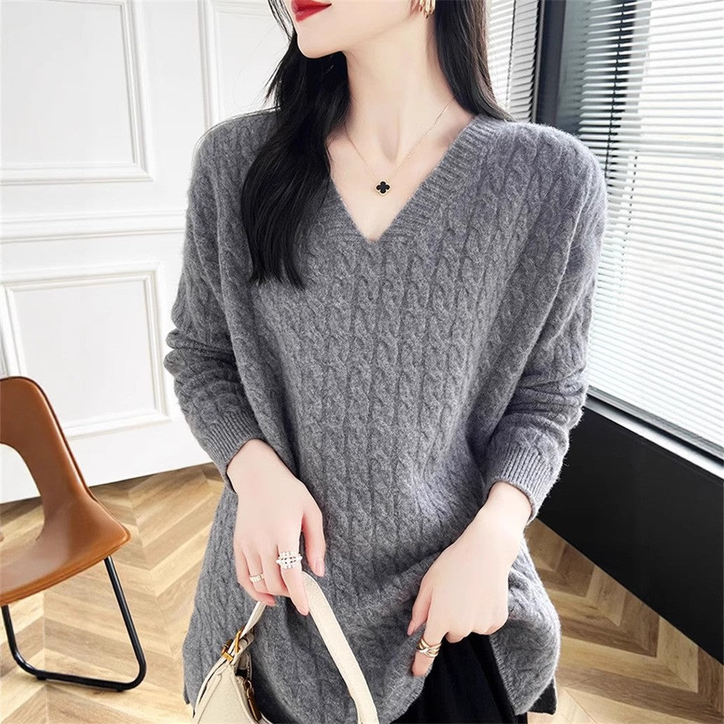 Damen V-Ausschnitt Pullover mit charakteristischem Zopfmuster und lässigem Schnitt Drune
