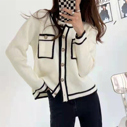 Damen Strickjacke mit Taschen und kontrastierenden Knopfdetails Drune
