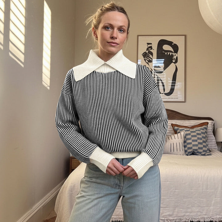 Damen Pullover mit modischem Streifenmuster und elegantem Kragen Drune