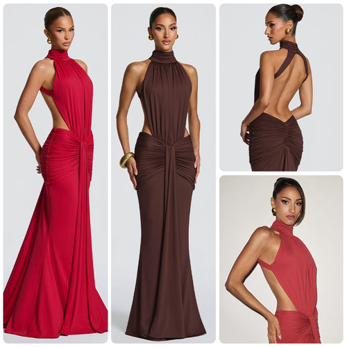 Damen Elegantes Maxikleid mit schickem Halterdesign und raffiniertem Drapierungselement Drune