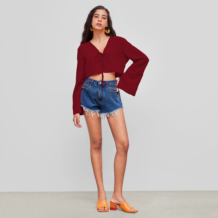 Damen Crop-Oberteil mit tiefem V-Ausschnitt und verspieltem Knoten Drune