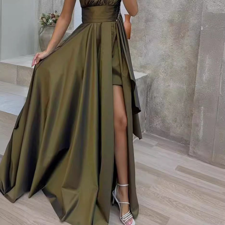Damen asymmetrisches Maxikleid mit elegantem Schnitt und hohem Schlitz Drune