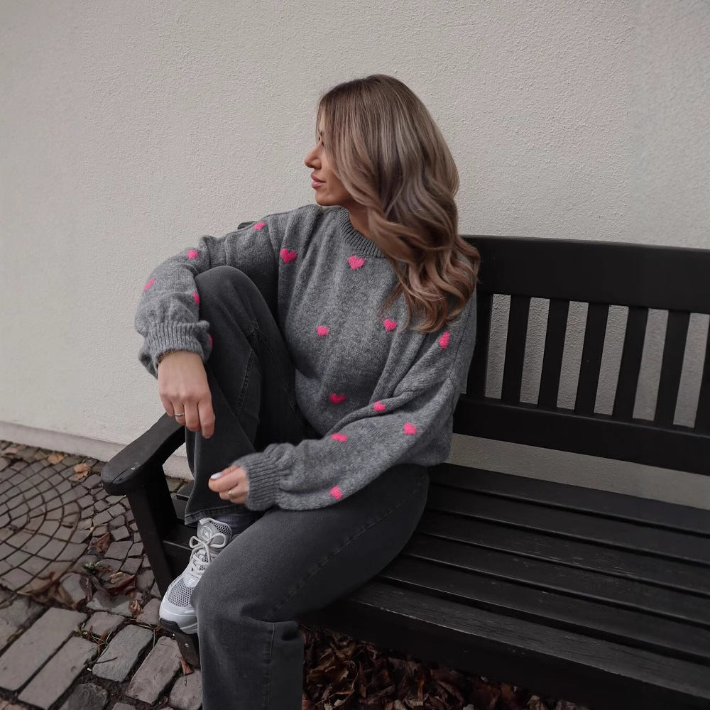 Damen nan oversized Strickpullover mit Herzintarsien und Ballonärmeln Drune
