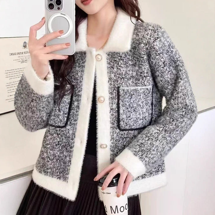 Damen Flauschige Strickjacke mit kontrastierenden Taschen und Kragen Drune
