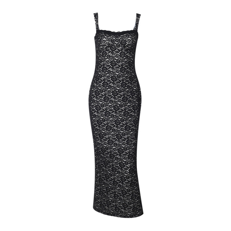 Damen figurbetontes Maxikleid mit eleganten Spitzenapplikationen Drune