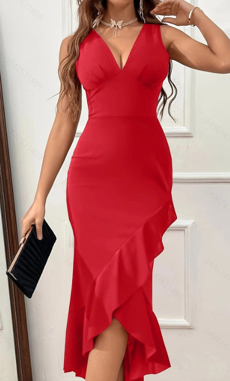 Damen Wickelkleid mit V-Ausschnitt und asymmetrischem Saum Drune